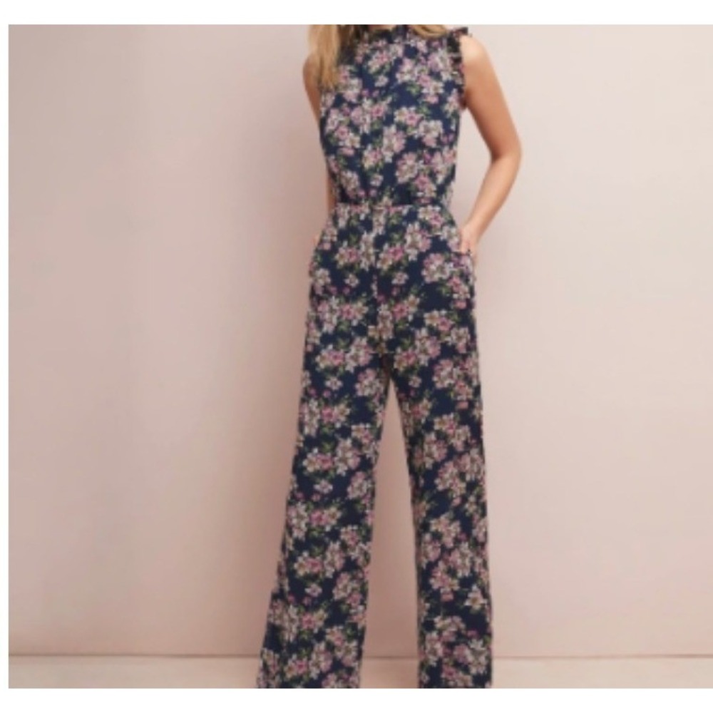 Ali & Jay Floral Wide Leg Jumpsuit Womens L Navy Chiffon Ruffle Wedding Guest